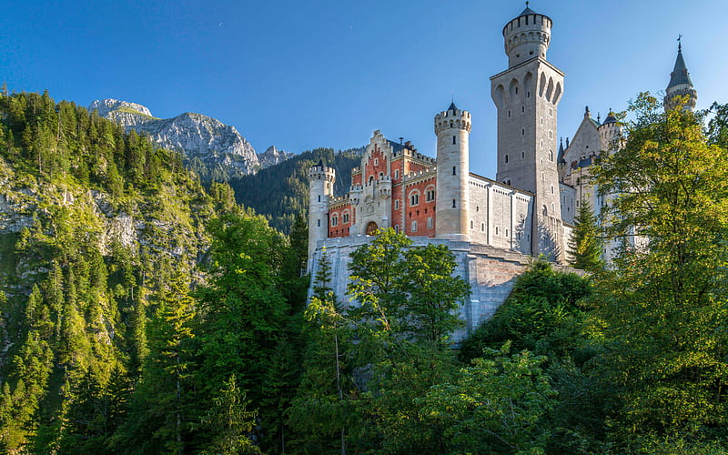 Neuschwanstein Castle, morning, beautiful castle, Bavarian Alps, mountain landscape, Schwangau, Bavaria, Germany, HD wallpaper