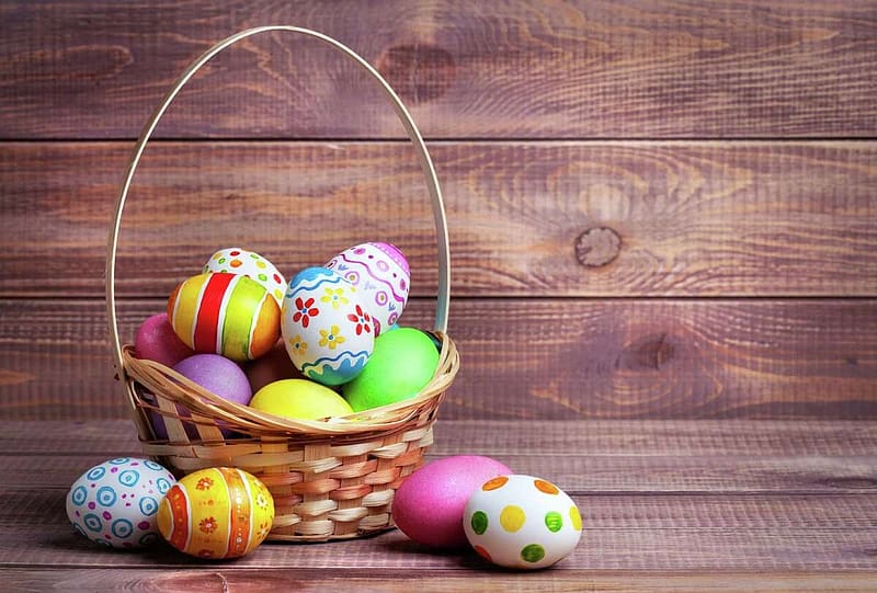 Happy Easter!, brown, wood, colorful, basket, egg, easter, HD wallpaper