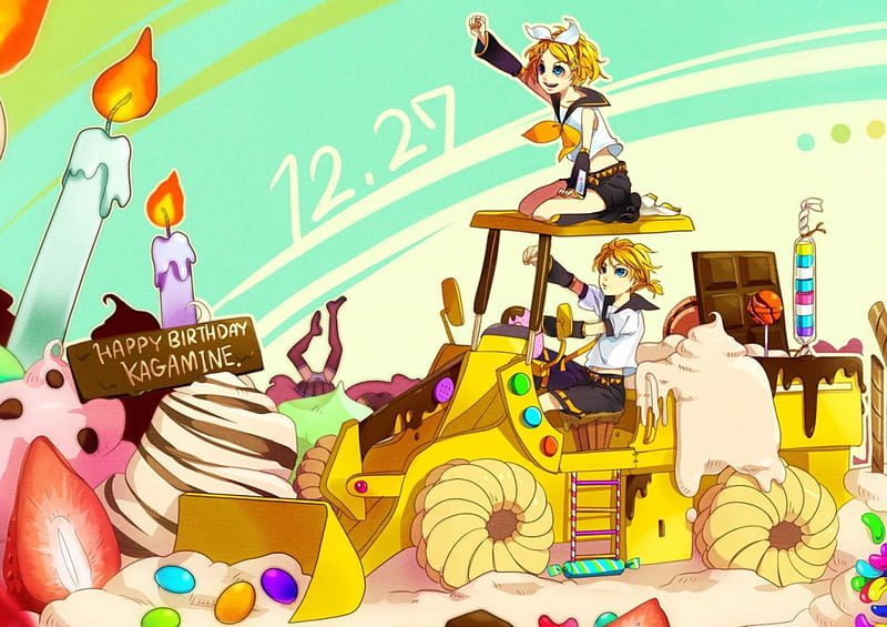 Happy Birtay Len & Rin!!!, vocaloid, candy, colorful, sweets, food, candles, rin and len kagamine, fruit, cookies, anime, HD wallpaper