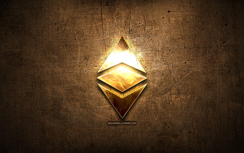 Ethereum golden logo, cryptocurrency, brown metal background, creative, Ethereum logo, cryptocurrency signs, Ethereum, HD wallpaper