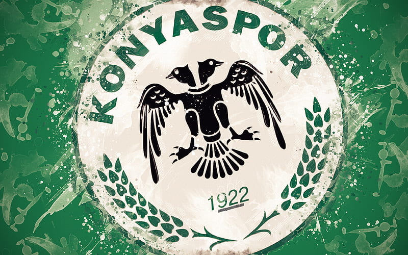Konyaspor FC paint art, logo, creative, Turkish football team, Super Lig, emblem, green background, grunge style, Konya, Turkey, football, HD wallpaper