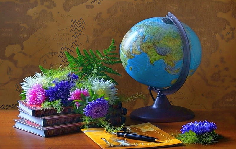 Learning, globe, book, flowers, colors, desk, HD wallpaper