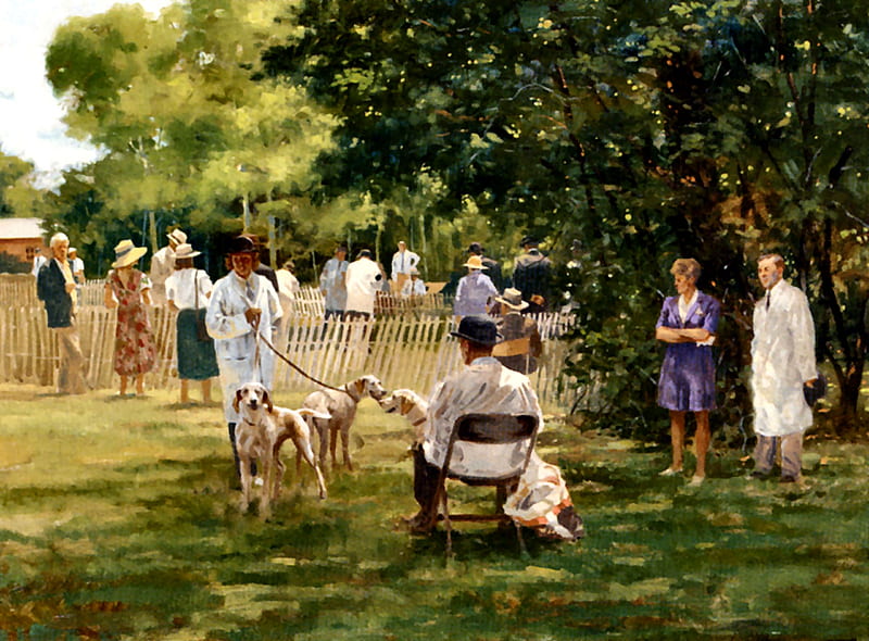The Morven Hall Hound Show- Dogs, art, old master, bonito, Larry Wheeler, pets, illustration, artwork, canine, animal, Wheeler, painting, wide screen, dogs, HD wallpaper