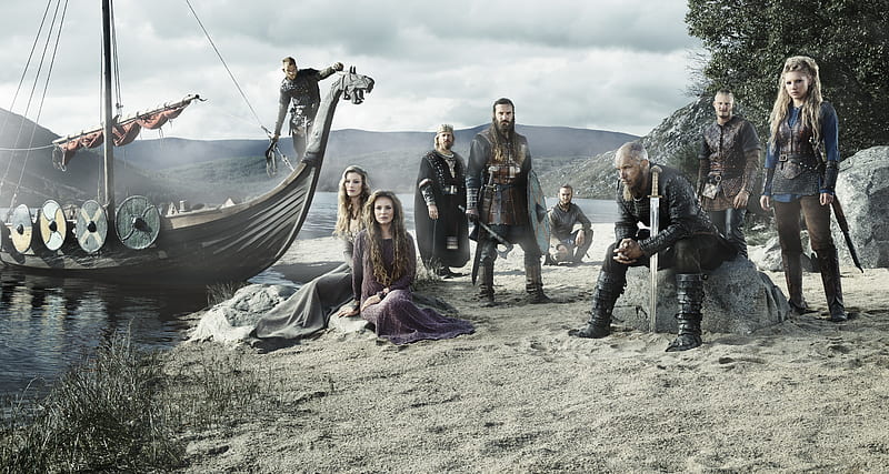 vikings, beach, boat, girl, man, viking, HD wallpaper