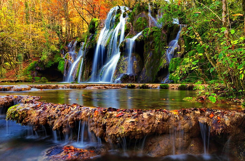 Autumn waterfall, forest, rocks, fall, autumn, lovely, colors, bonito ...
