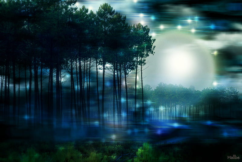 ✫Blue Moon Magical✫, pretty, splendid, attractions in dreams, bonito, magic, most ed, digital art, clouds, moon, landscapes, forests, scenery, light, animals, blue, stars, lakes, lovely, colors, sky, trees, cool, plants, magical, starlight, HD wallpaper