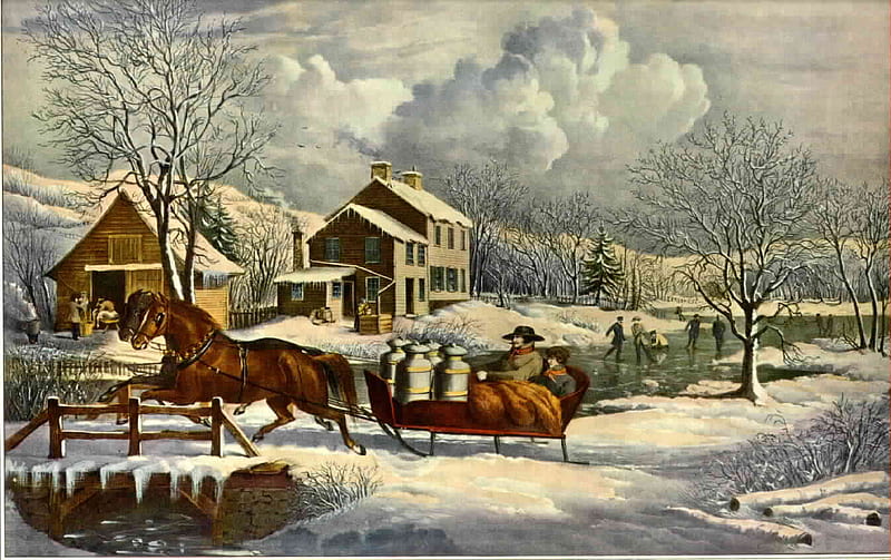 Winter Fun, sleigh, milk jugs, skaters clean, well, clouds, barn, cold, bridge, people, crisp, river, christmas, houses, fun, country, sky, trees, horses, winter, water, snow, ride, ice, frozen, HD wallpaper