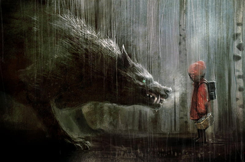 Little Red Riding Hood, pretty, wonderful, stunning, woods, bonito, horror, animal, nice, fantasy, darkness, path, scary, story, child, animals, art, amazing, forest, fairy tale, fantastic, trees, abstract, tree, girl, basket, drawing, awesome, rain, wolf, woodland, fable, HD wallpaper