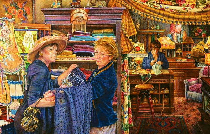 Shady Lady Lamp Shop, textiles, lamps, painting, store, artwork, vintage, women, HD wallpaper