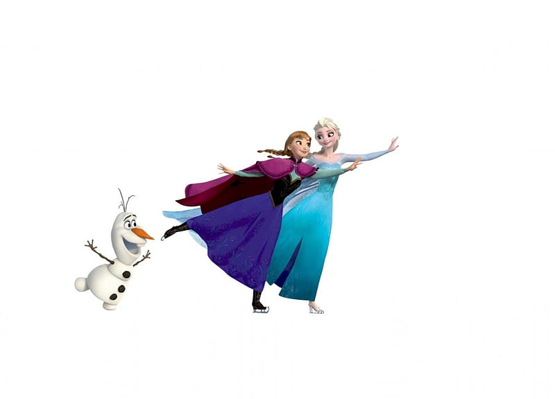 Olaf, Anna and Elsa, anna, movie, olaf, fantasy, snow queen, pink, disney, blue, elsa, fun, snowman, winter, sister, funny, white, frozen, princess, skating, HD wallpaper