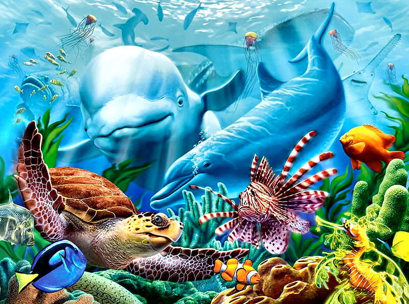 Ocean Life F1, art, fish, bonito, turtle, artwork, animal, dolphins, painting, wide screen, wildlife, HD wallpaper