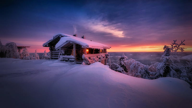 Winter evening, snow, cabin, evening, sunset, winter, wooden, house, hut, bonito, light, HD wallpaper
