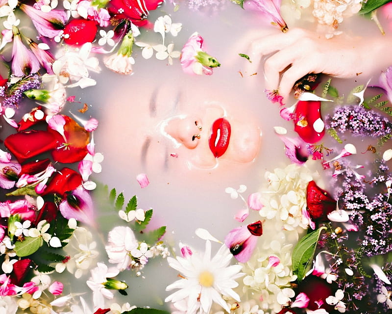 Red Model Woman Lips Lipstick Water Girl Green Ophelia Flower