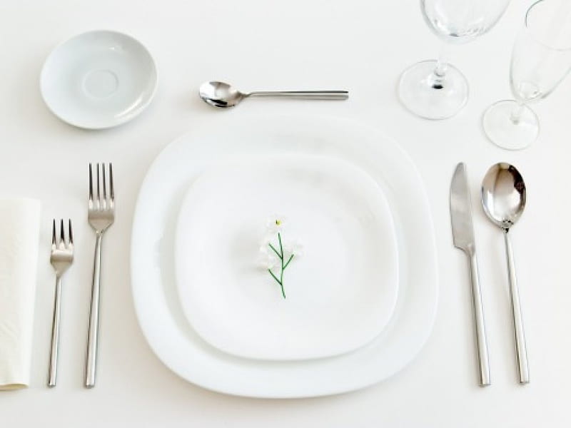 Table settings, glass, settings, plate, sppon, white, fork, knife, HD wallpaper