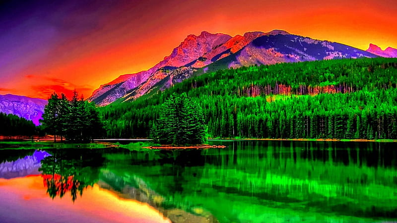 Mountain, forest, orange, trees, sky, lake, water, green, purple, evergreens, nature, reflection, HD wallpaper