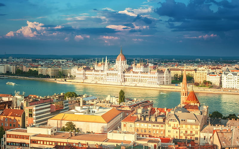 Budapest, Hungary, Parliament building, Danube river, summer, HD wallpaper