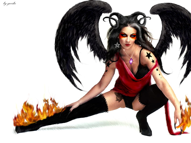 Demoness Red Wings Black Horns Fire Demon Fantasy Girl White Hd Wallpaper Peakpx 