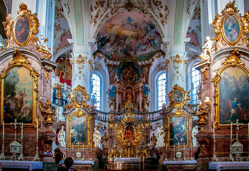 Church in Bavaria, Germany, windows, ancient, decorations, interior, artwork, HD wallpaper