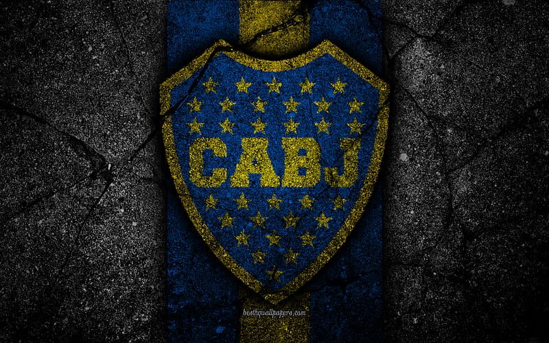 Boca Juniors FC, logo, Superliga, AAAJ, black stone, Argentina, soccer, Boca Juniors, football club, asphalt texture, FC Boca Juniors, HD wallpaper