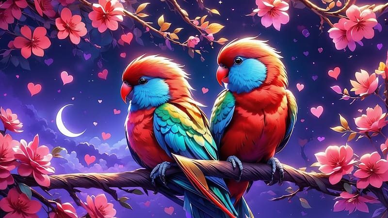 Two lovebirds in love on a branch, ketto, termeszet, viragok, szines tollazat, szerelmes madarak, csor, ules, szirmok, HD wallpaper