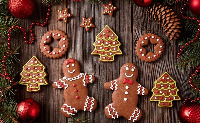 Merry Christmas!, red, deco, craciun, christmas, food, sweet, dessert, card, cookies, ball, gingerbrad, wood, HD wallpaper