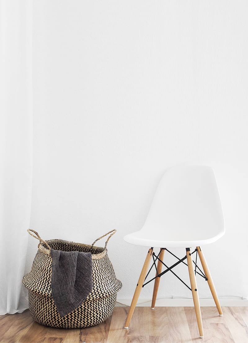 white and brown chairs beside wicker basket near white wall, HD phone wallpaper