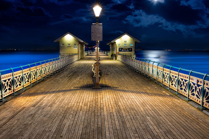 South Wales, Penarth Pier, UK, fence, bridge, r, lights, sea, night, HD wallpaper