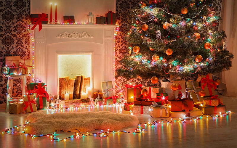 Christmas tree, fireplace, evening, New Year, burning garlands, Christmas, HD wallpaper