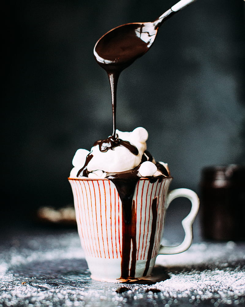 chocolate pouring on vanilla ice cream in ceramic cup, HD phone wallpaper