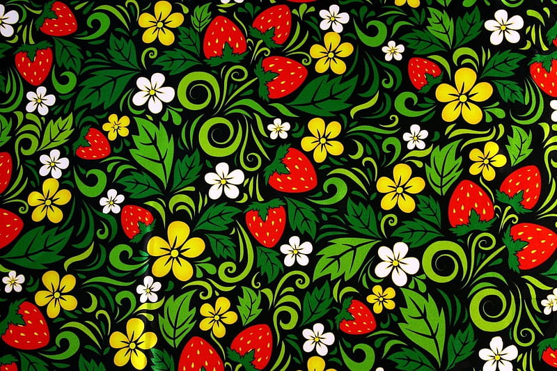 Texture, green, strawberry, yellow, flower, leaf, pattern, red, fruit, paper, HD wallpaper