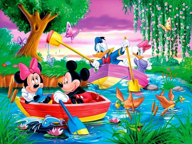 Summer time, red, yellow, fantasy, boat, donald, duck, green, anime, mickey disney, pink, blue, lake, cute, water, mouse, summer, funny, minnie, HD wallpaper
