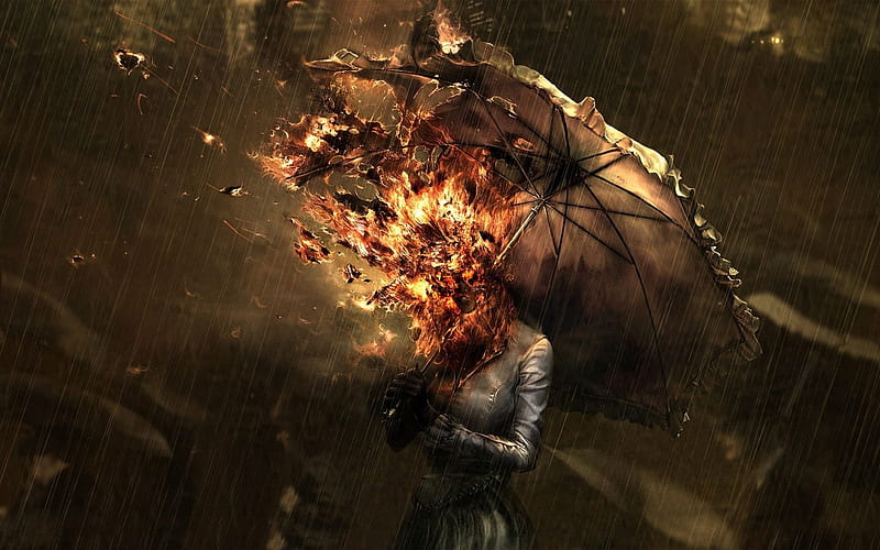 Burning Umbrella Girl, umbrella, girls, burn, fire, HD wallpaper