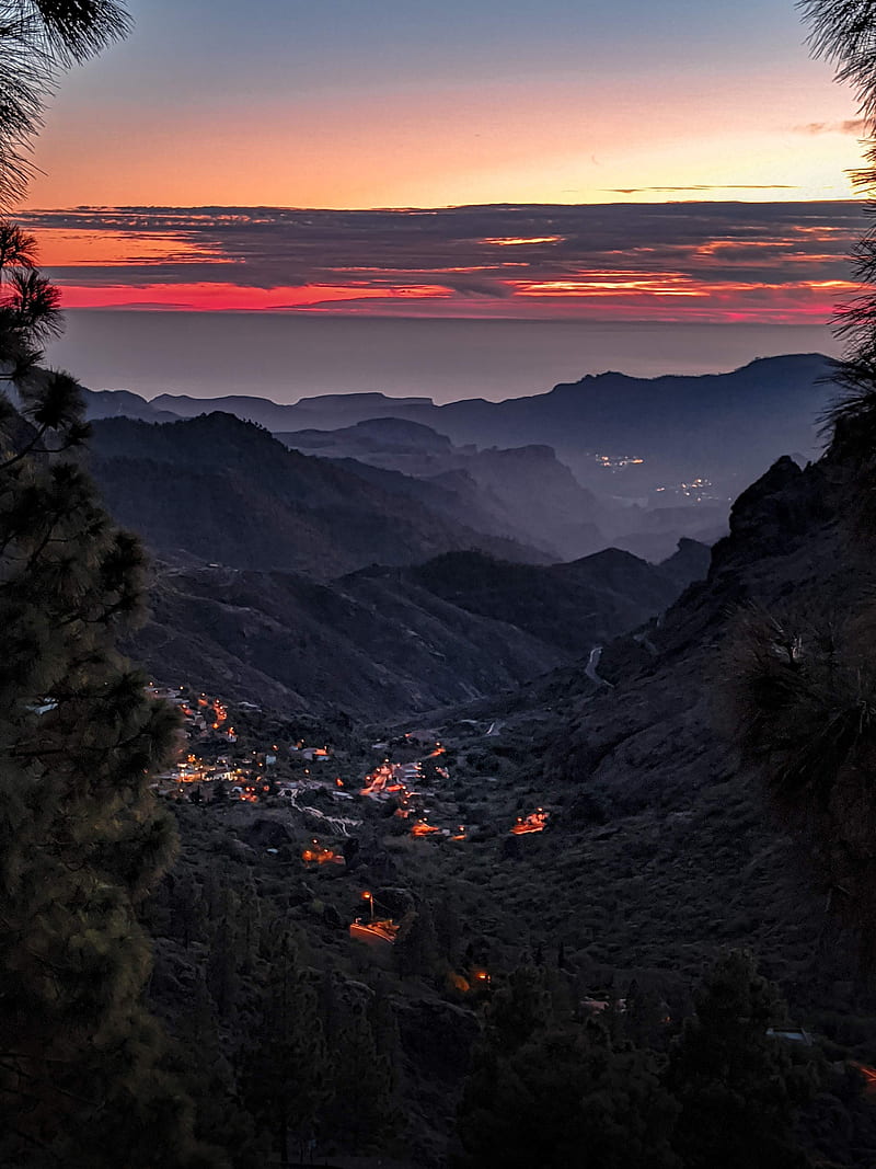 settlement, hills, mountains, sunset, HD phone wallpaper