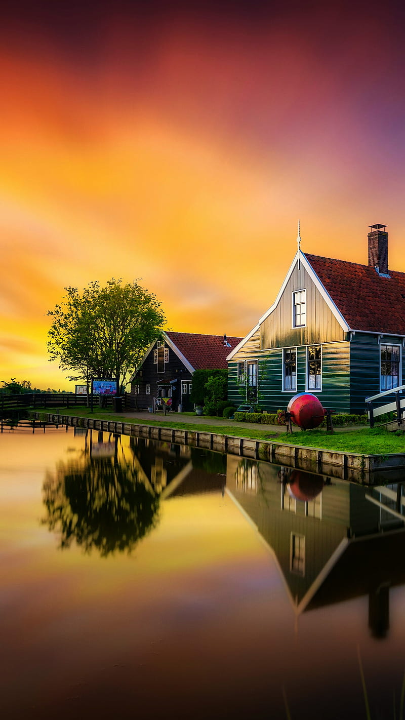 Magical landscape house, lake, sunset, HD phone wallpaper
