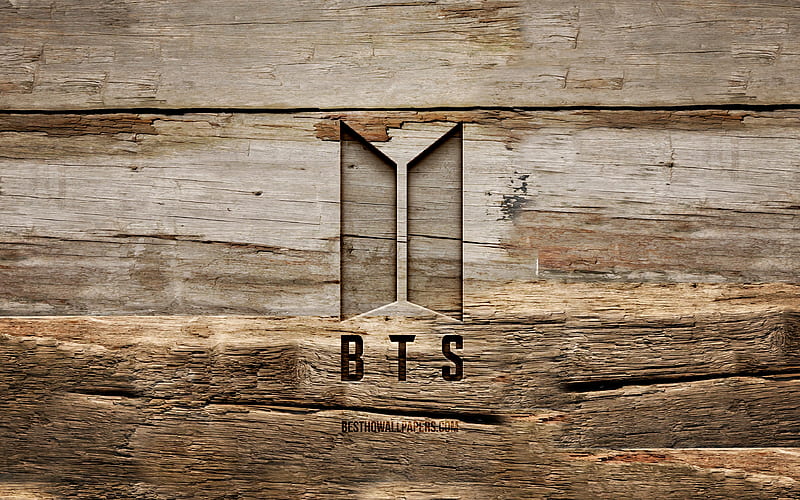 BTS wooden logo Bangtan Boys, wooden backgrounds, korean band, music stars, BTS logo, creative, Bangtan Boys logo, wood carving, BTS, HD wallpaper