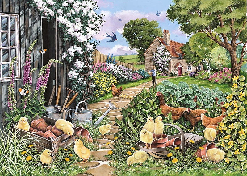 Going Cheep, garden, flowers, spring, shed, woman, cottage, chicken, hens, artwork, painting, HD wallpaper