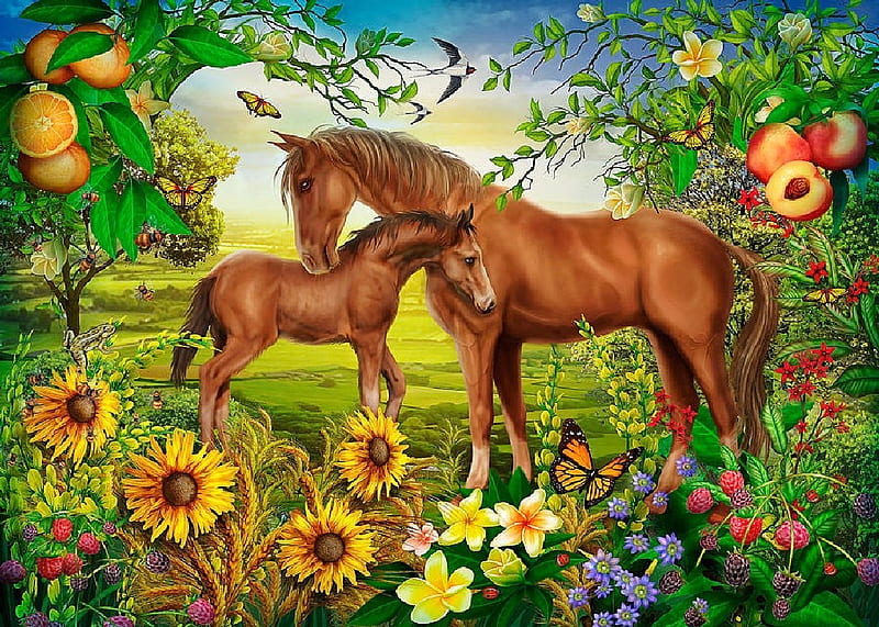 Spirit of Summer, sunflowers, fruits, painting, flowers, blossoms, foal, butterflies, horse, HD wallpaper