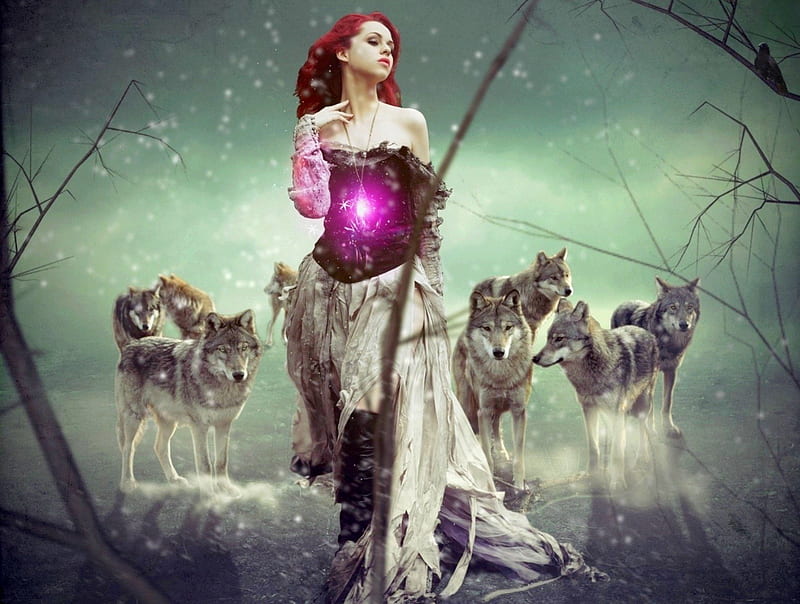 BEAUTY and her GUADIANS, art, glowing, crows, amulet, trees, women, fantasy, redheads, snow, wolves, HD wallpaper