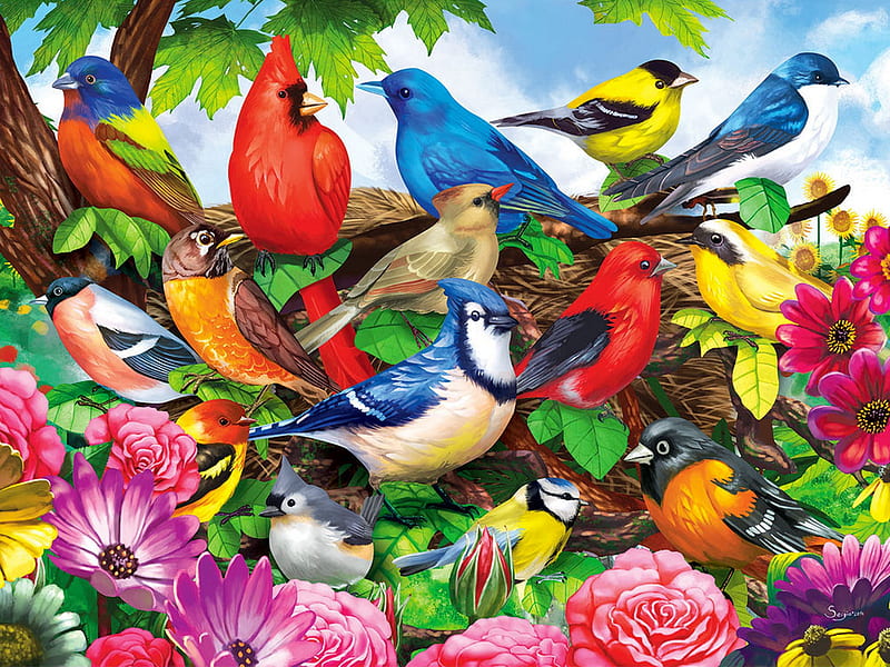 Friendly birds, tree, blossoms, birds, flowers, bonito, spring, friends, colorful, cardinals, gathering, HD wallpaper