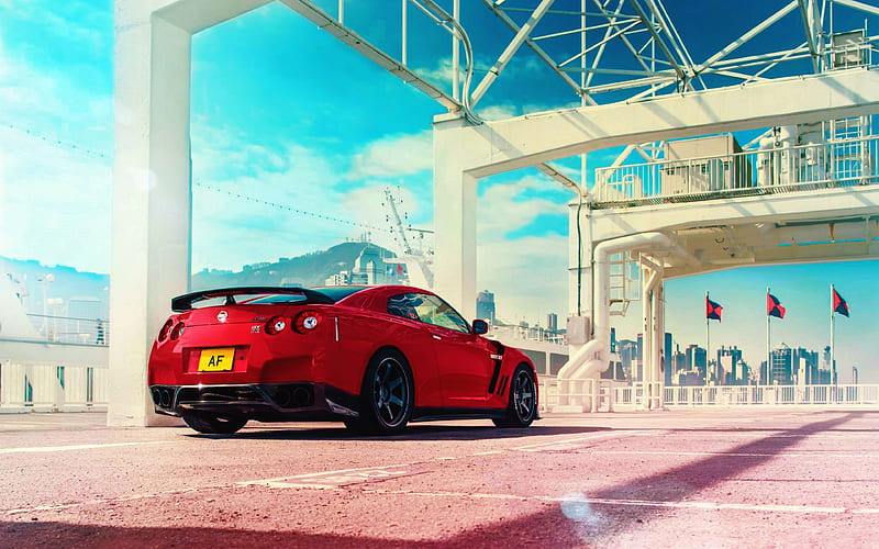 Nissan GT-R, supercars, port, 2018 cars, stance, red GT-R, R35, tuning, japanese cars, Nissan, HD wallpaper