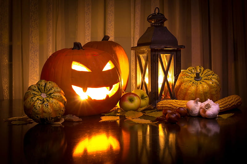 Halloween Still Life, corn, Fall, lantern, halloween, apples, jack o ...