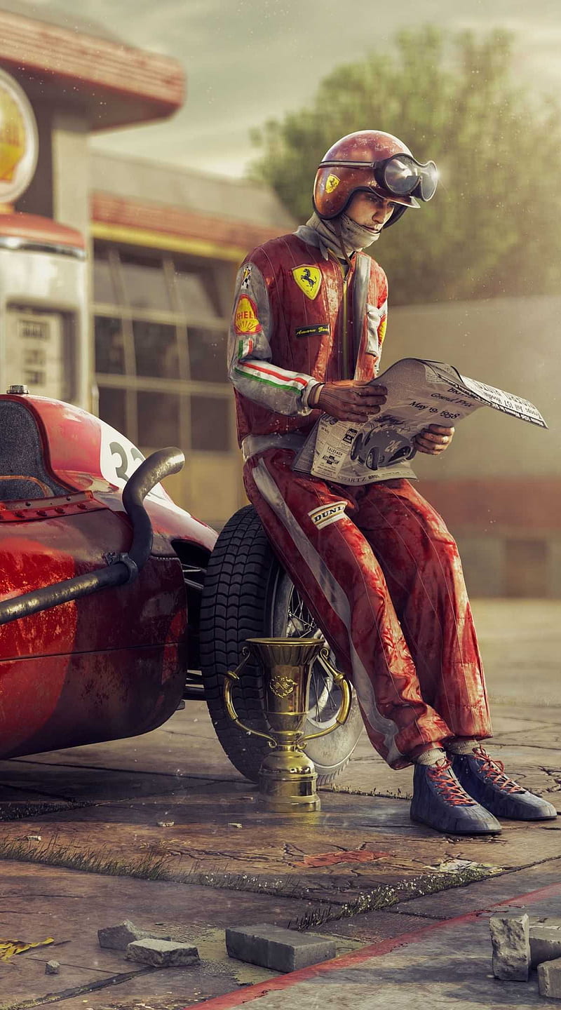 Ferrari Racer, red, classic, driver, race, car, gas, station, man, HD phone wallpaper