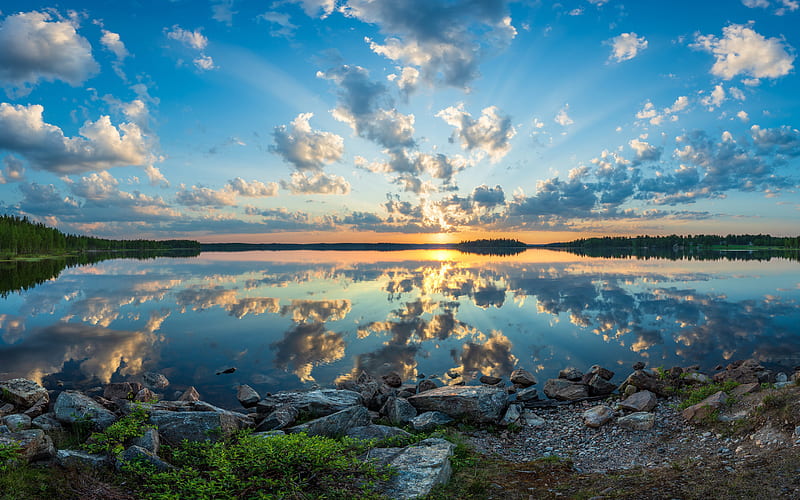 Finland sunset, stones, lake, coast, beautiful nature, Europe, HD wallpaper