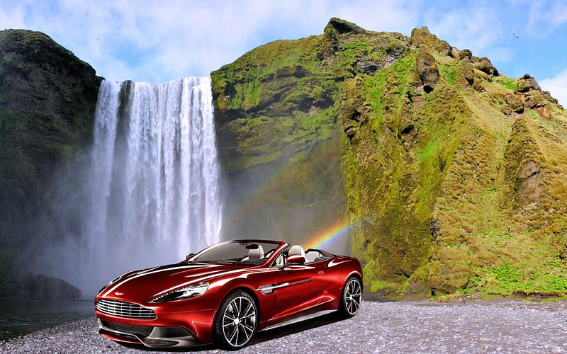 Aston Martin at Skogafoss Waterfall, Iceland, Aston Martin, Waterfalls, carros, Iceland, HD wallpaper