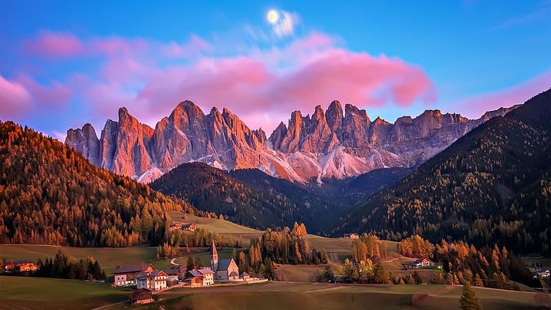Village in South Tyrol, Italy, clouds, sky, church, houses, alps, sunset, dolomites, peaks, landscape, autumn, trees, HD wallpaper