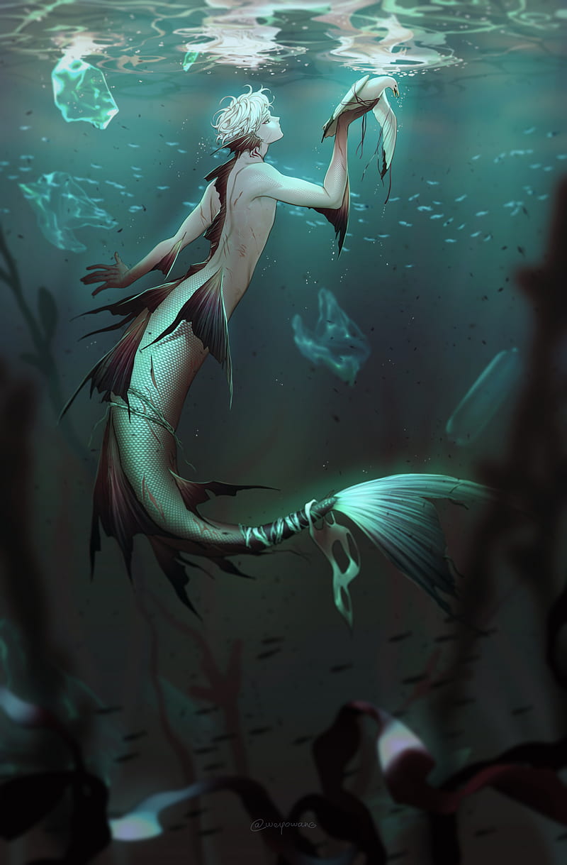 Merman, fantasy, fish, littering, mermaid, ocean, HD phone wallpaper