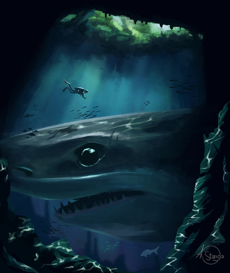 shark, diver, underwater, cave, depth, HD phone wallpaper