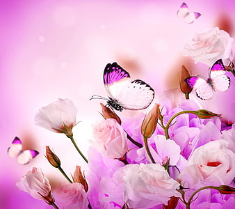 Lilacs and Roses, Viola Tricolor, art, desenho, creation, butterflies ...