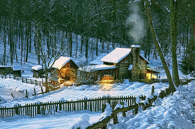 Winter's haven, fence, house, cottage, cabin, bonito, lights, countryside, mountain, painting, village, smoke, art, forest, cozy, lovely, trees, sniow, winter, slope, peaceful, nature, HD wallpaper