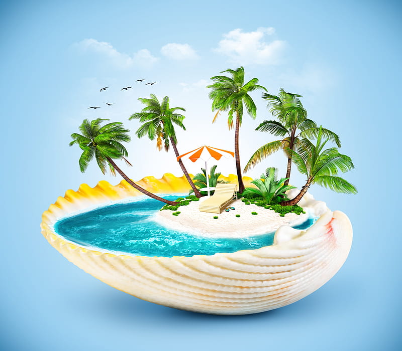 :), creative, sea, bluye, fantasy, water, shell, summer, island, white, palm tree, HD wallpaper